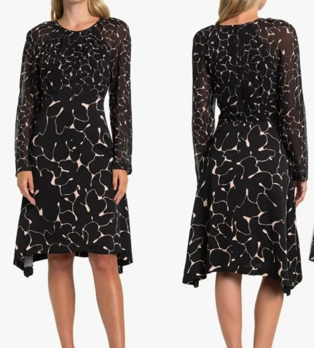 Club Monaco Womens 0 Black Cream Rokinsa 100 Silk Sheer Midi Dress Workwear
